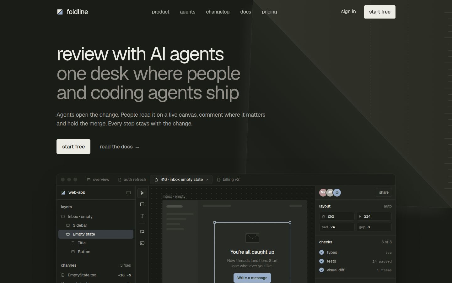 The top of Foldline's first home page in dark mode