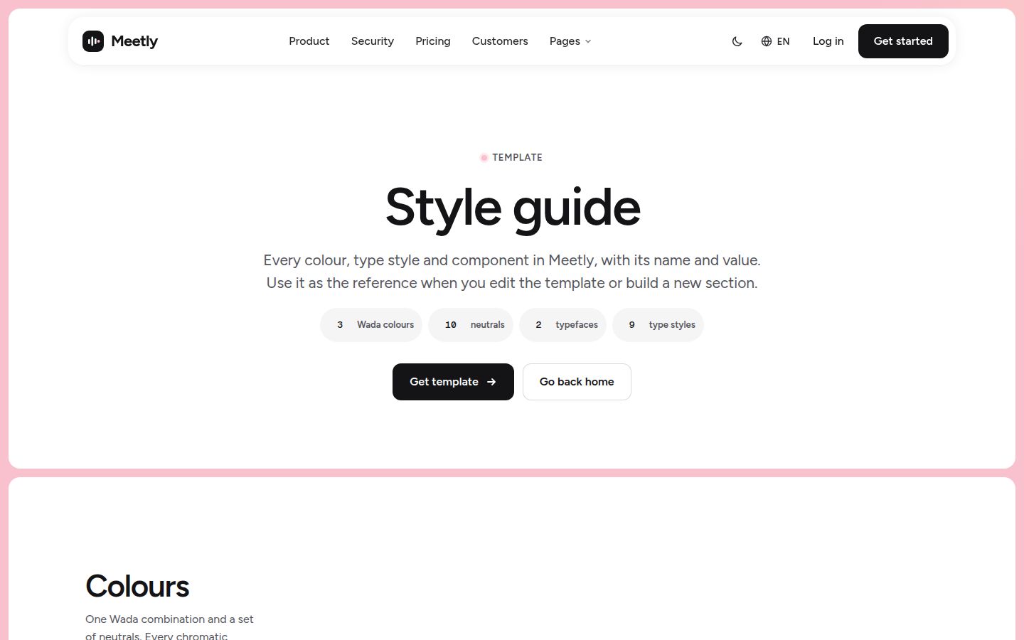 The top of Meetly's style guide page in the light theme.