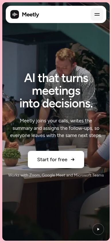 The top of Meetly's Home V1 page at phone width.