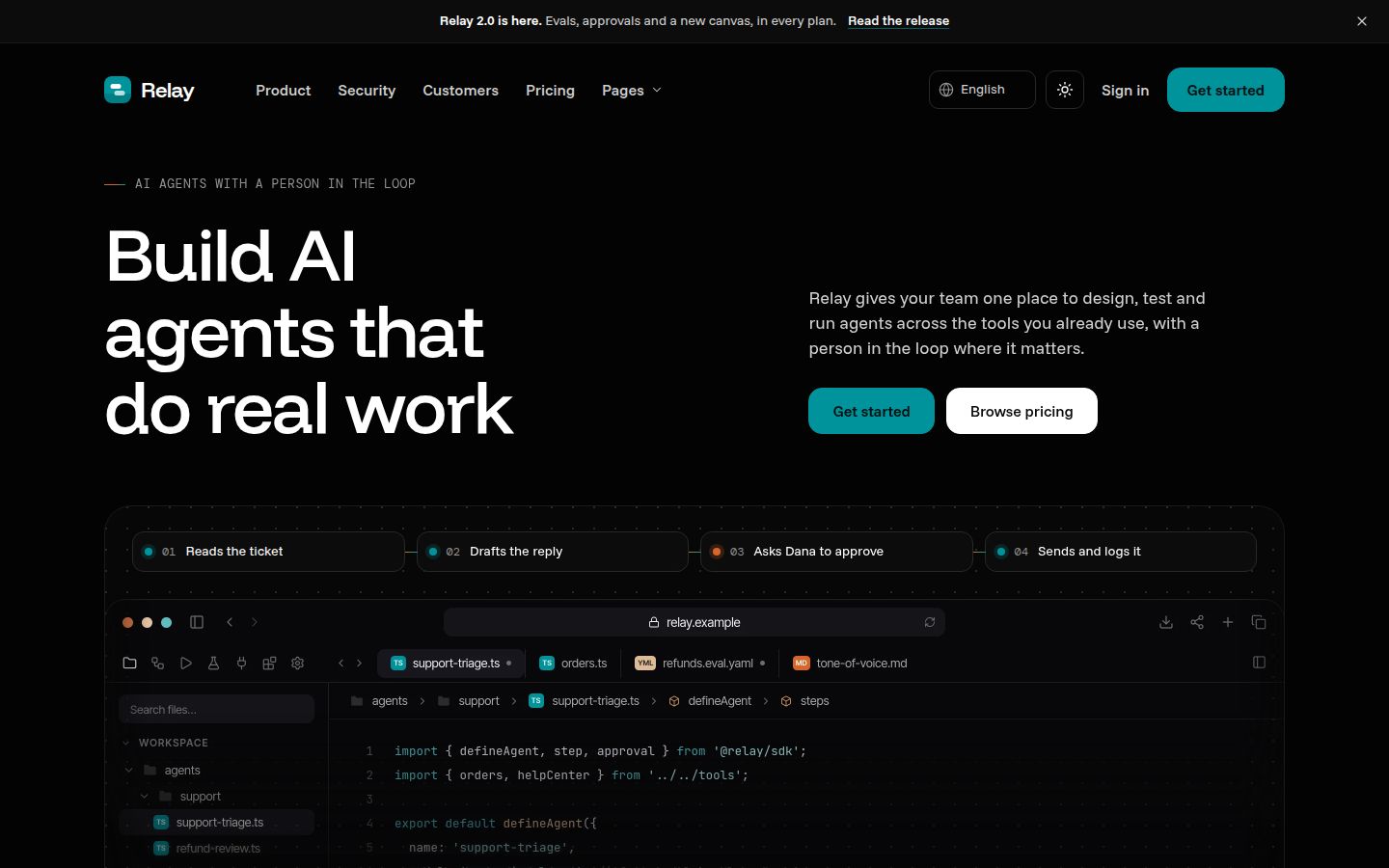 The top of Relay's Home V1 page in the dark theme.