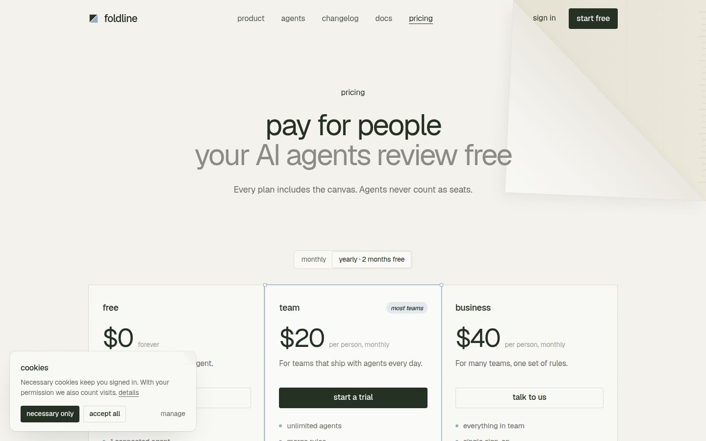 The top of Foldline's pricing page