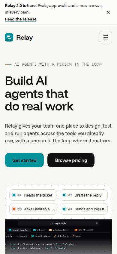 The top of Relay's first home page at phone width