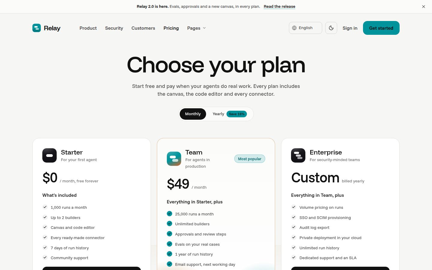 The top of Relay's pricing page in the light theme.