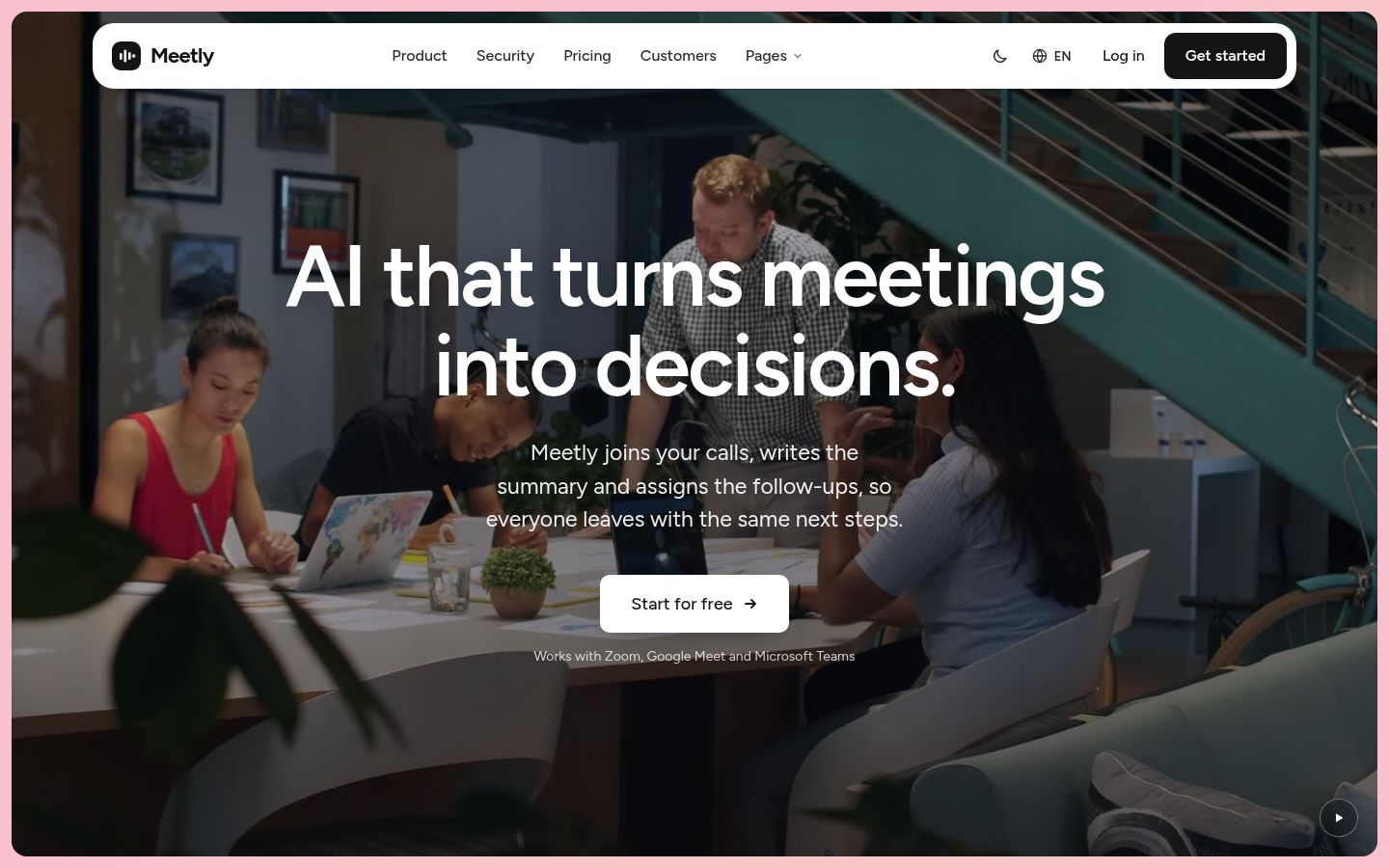 The top of Meetly's Home V1 page in the light theme.