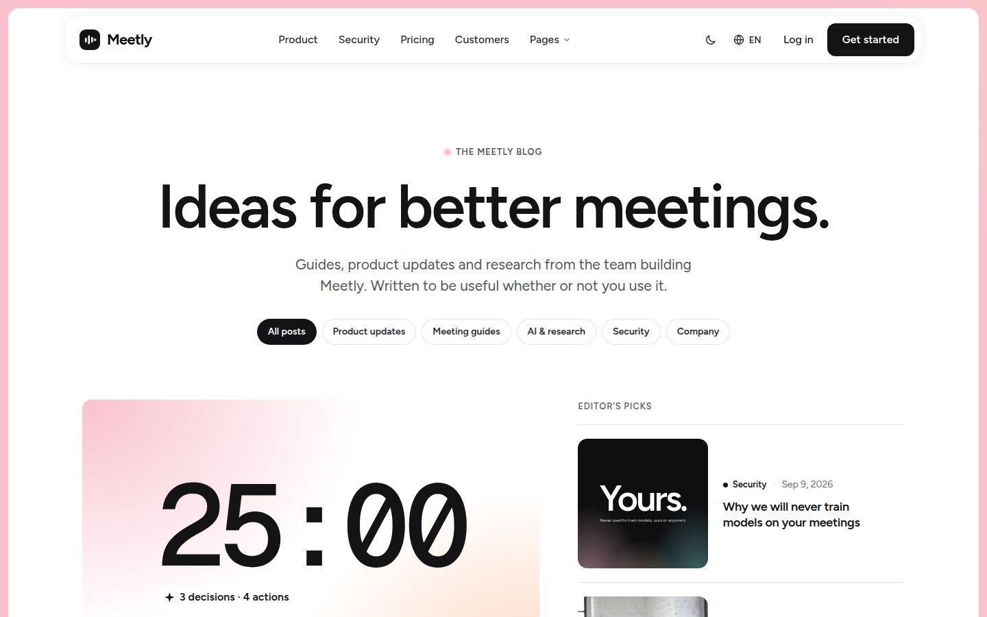 The top of Meetly's blog page in the light theme.