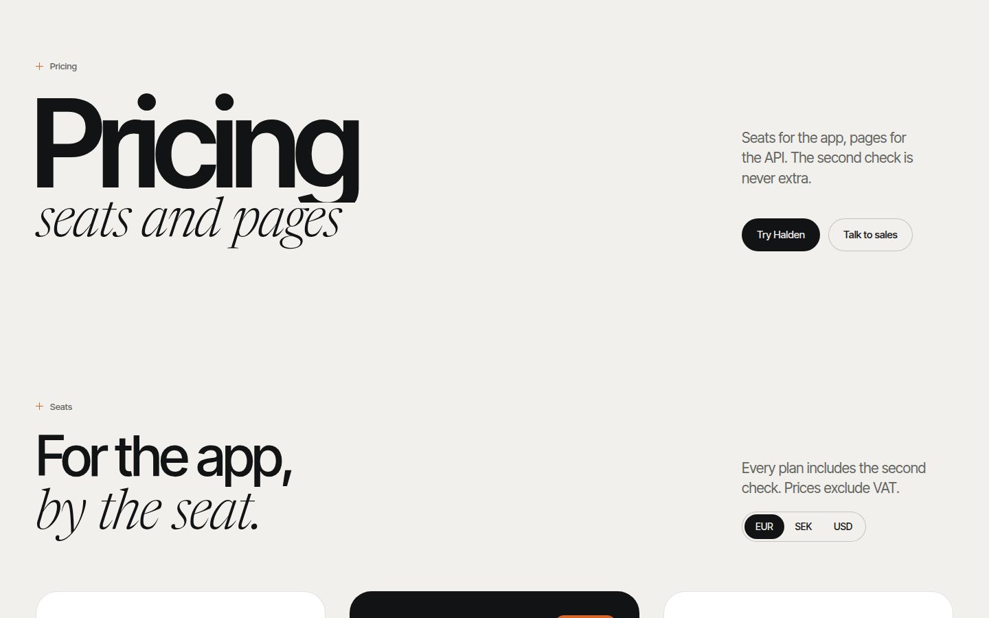 The top of Halden's pricing page