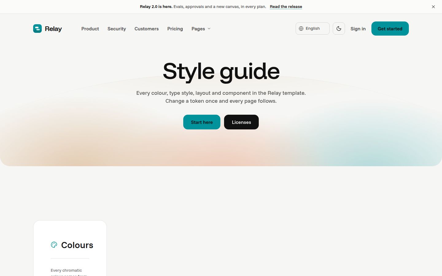The top of Relay's style guide page in the light theme.